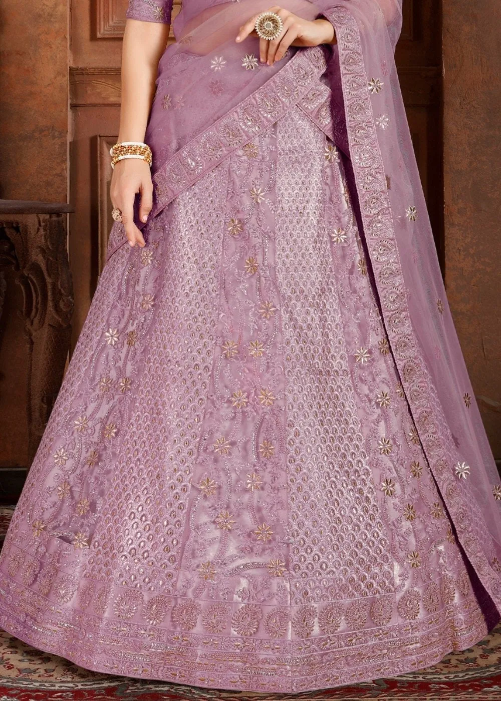 Lavender Purple Soft Net Lehenga Choli with Thread, Zari, Zarkan & Pearl work