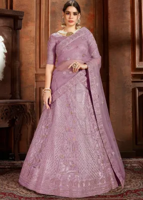 Lavender Purple Soft Net Lehenga Choli with Thread, Zari, Zarkan & Pearl work