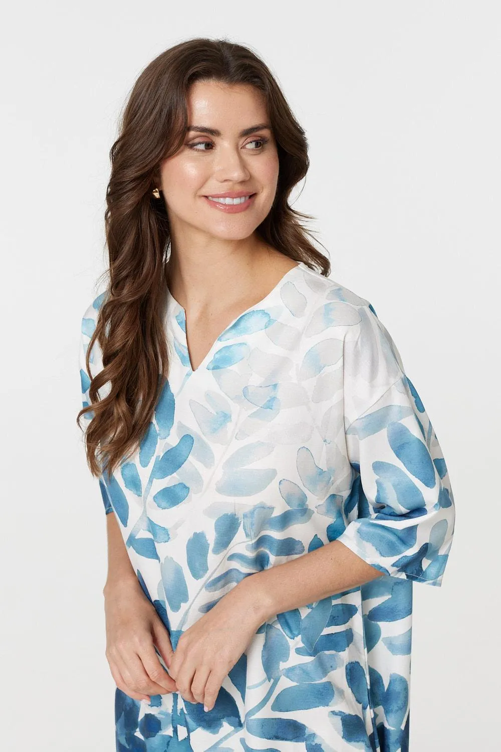 Leaf Print 3/4 Sleeve Relaxed Shift Dress