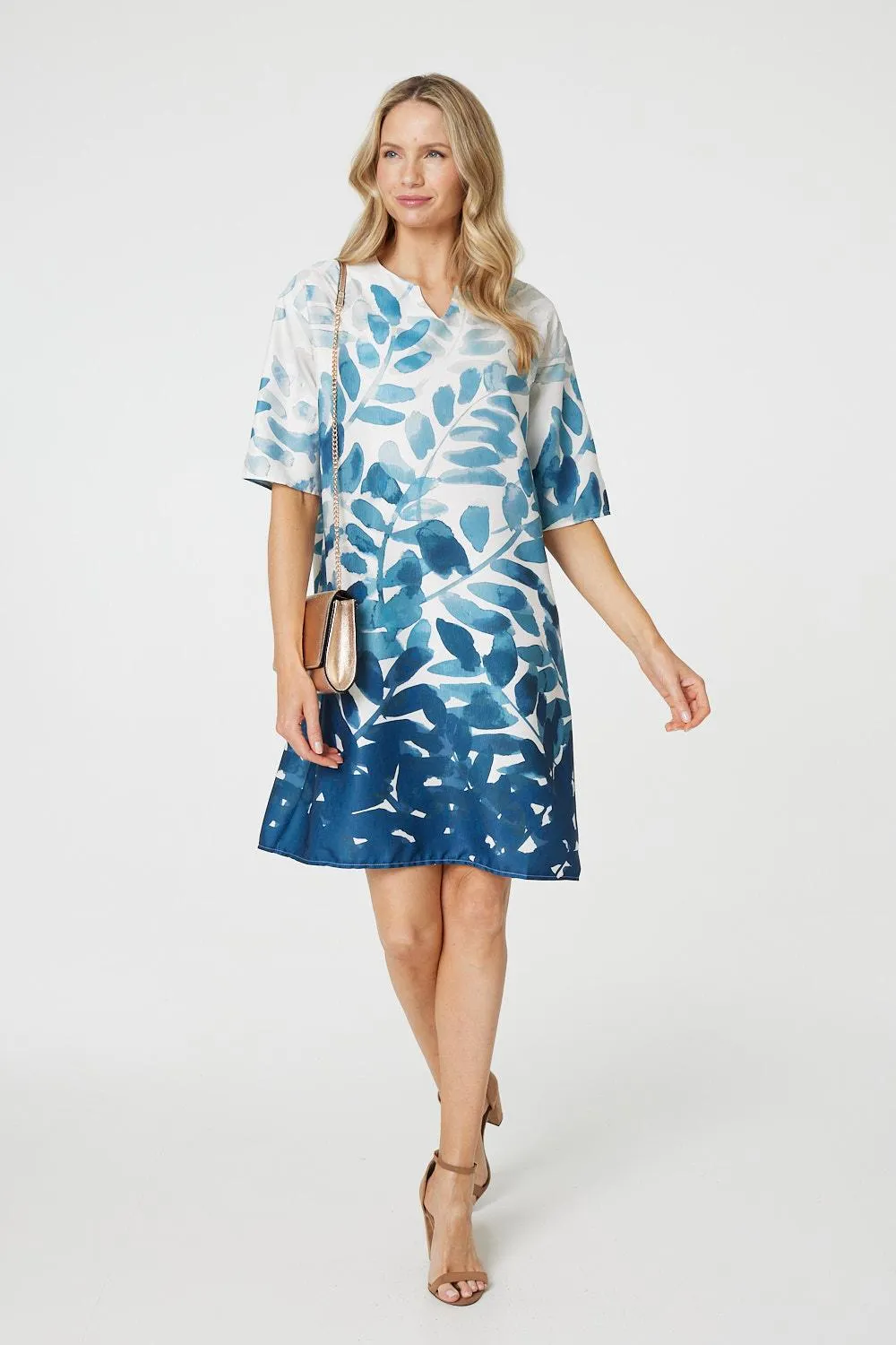 Leaf Print 3/4 Sleeve Relaxed Shift Dress