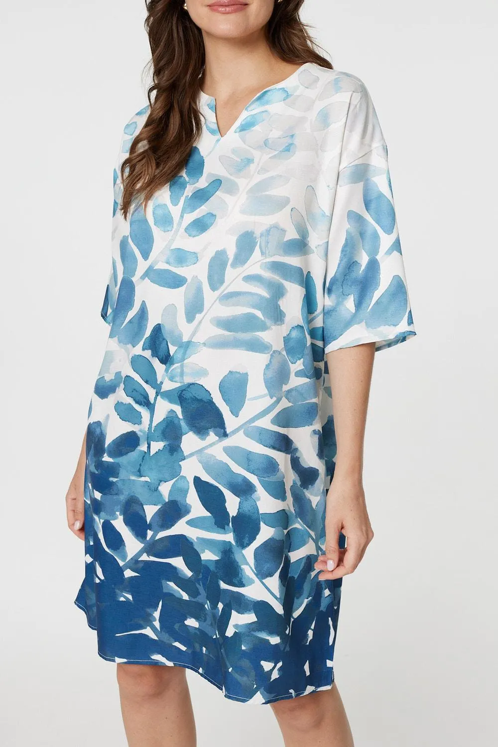 Leaf Print 3/4 Sleeve Relaxed Shift Dress