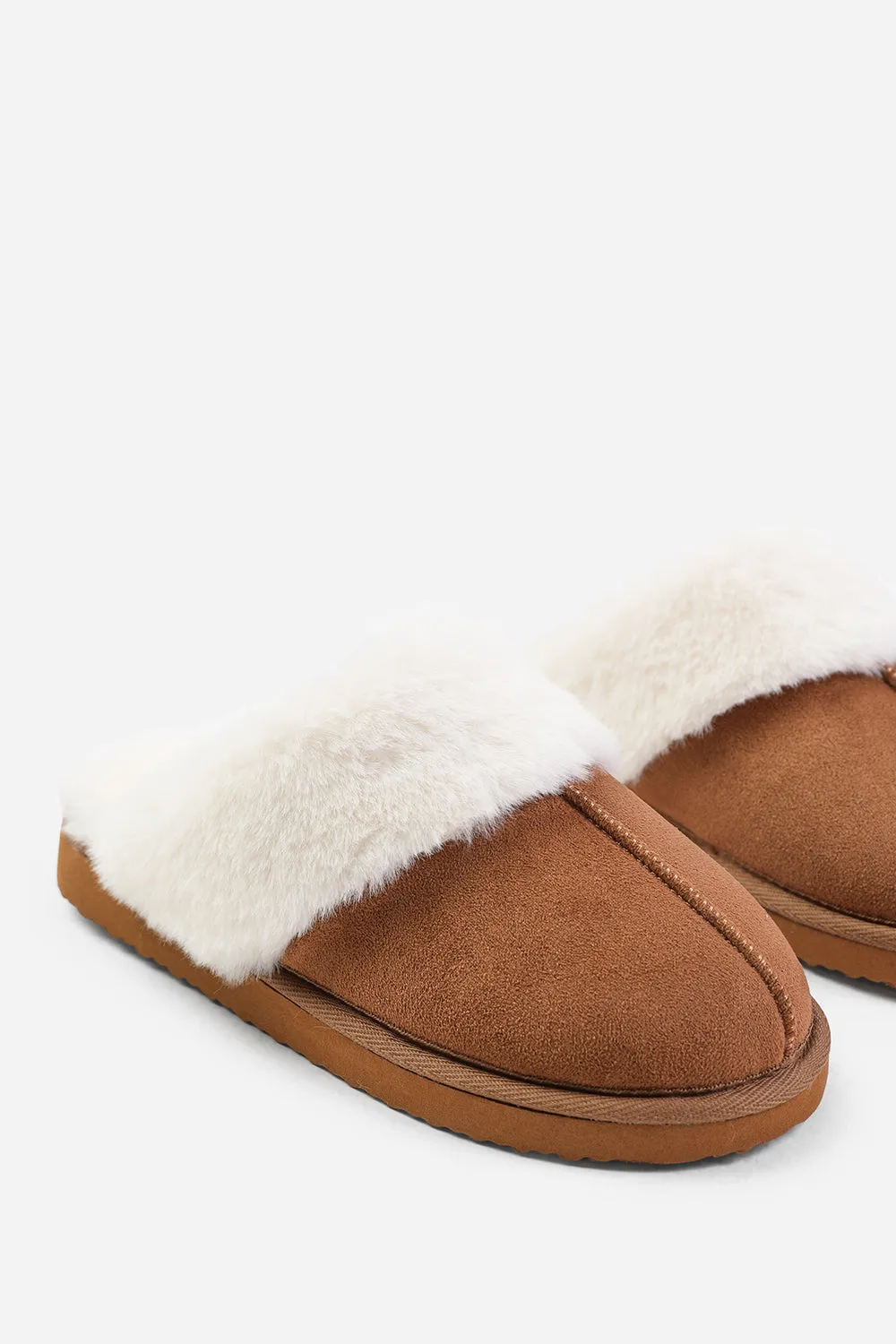 LOUNGE SLIP ON SLIPPERS WITH FUR TRIM IN CHESTNUT SUEDE