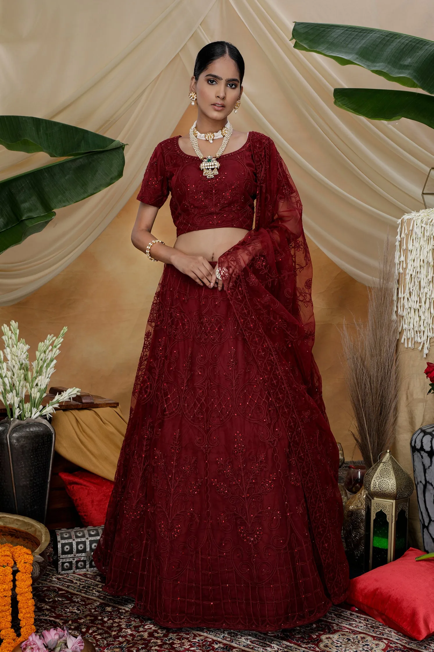 Maroon Lehenga Choli Thread embroidered with stone pasting And Bridal Net, Party Wears, Bridesmaid, Indian Tradition Function Lehenga Choli