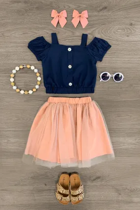 Navy & Blush Cold Shoulder Tutu Skirt Set