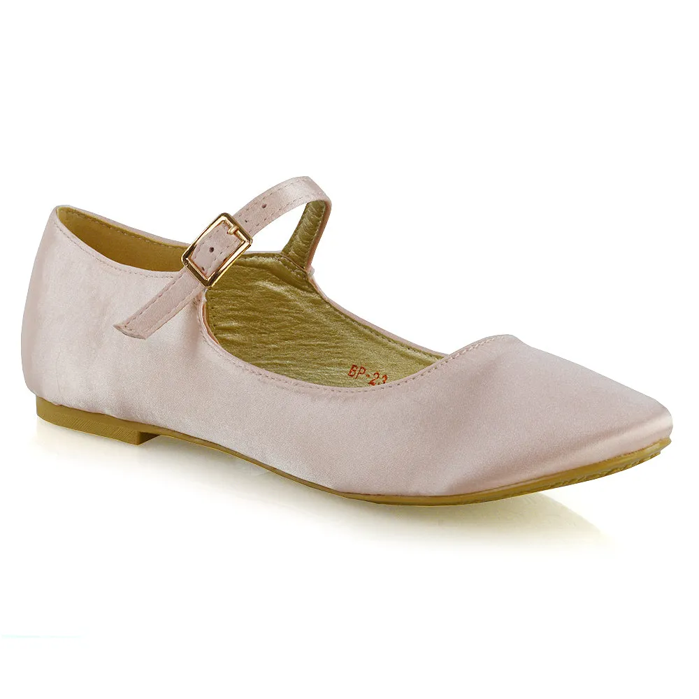 Nellie Ballerina Pump over the Foot Buckle up Strap Wedding Flat Bridal Shoes in Pastel Pink Satin