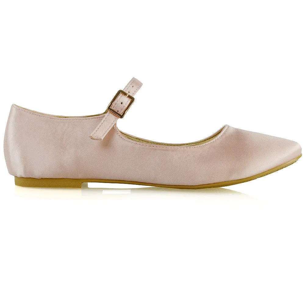 Nellie Ballerina Pump over the Foot Buckle up Strap Wedding Flat Bridal Shoes in Pastel Pink Satin