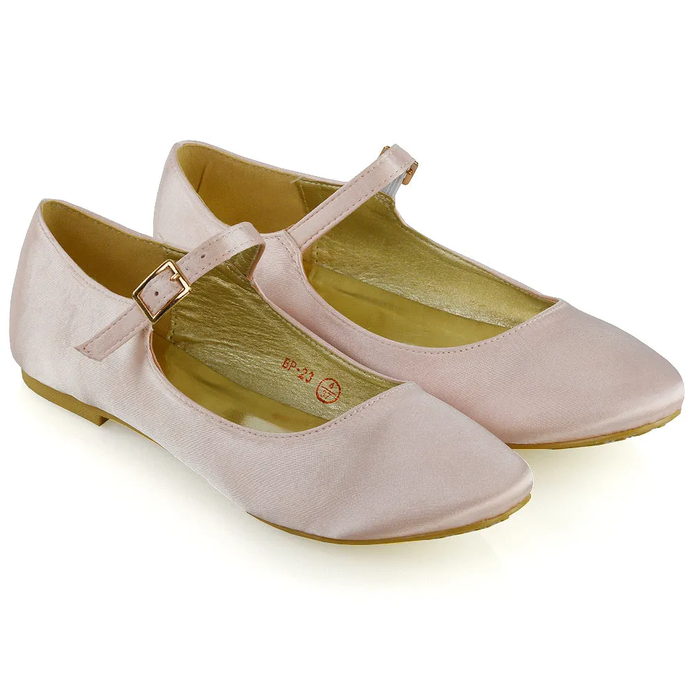 Nellie Ballerina Pump over the Foot Buckle up Strap Wedding Flat Bridal Shoes in Pastel Pink Satin