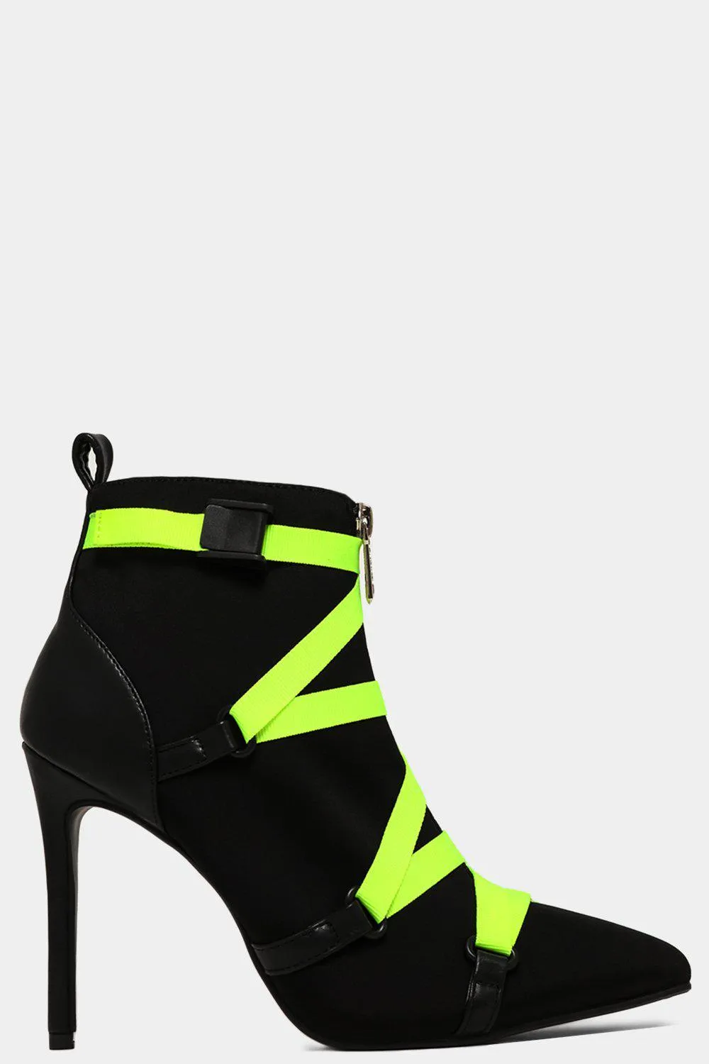 NEON GREEN BELTED STILETTO BLACK ANKLE BOOTS