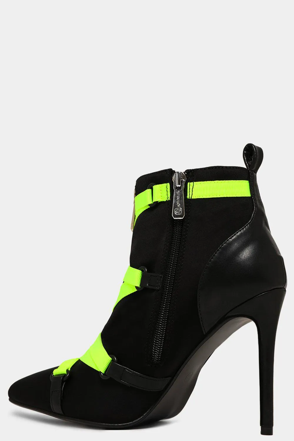 NEON GREEN BELTED STILETTO BLACK ANKLE BOOTS