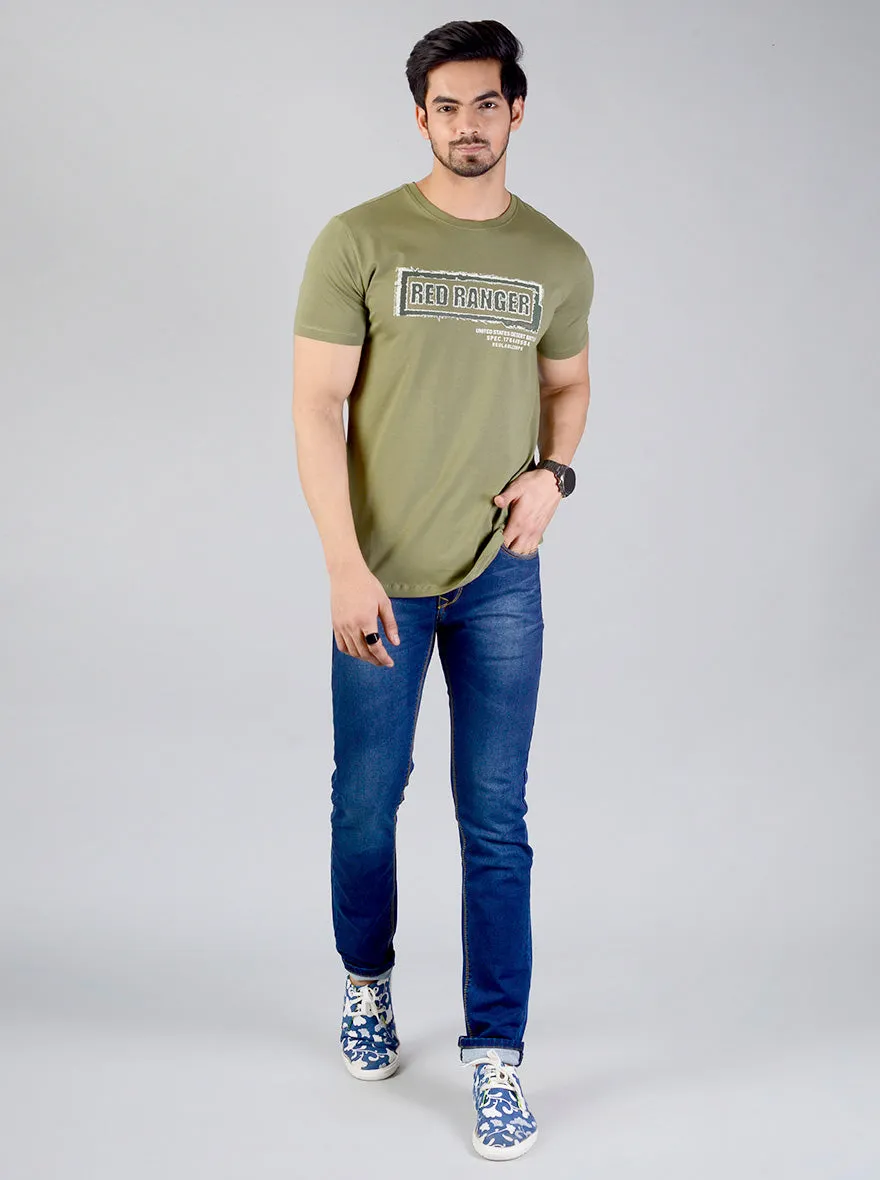 Olive Green Printed Slim Fit T-shirt | JadeBlue