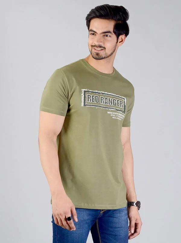 Olive Green Printed Slim Fit T-shirt | JadeBlue