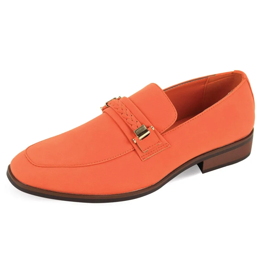 Orange Men's Slip-on Suede Loafer Shoes with Metal and Braid Buckle