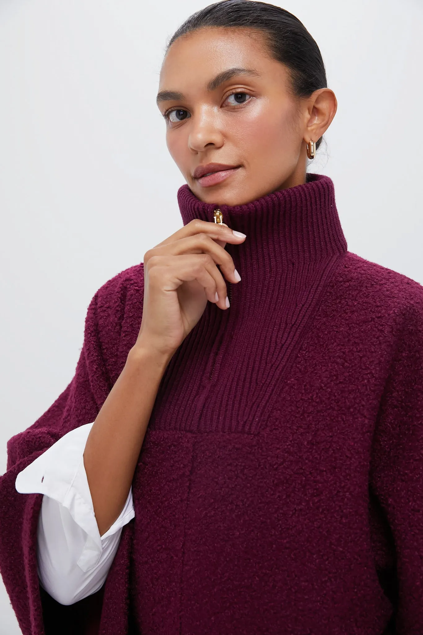 Oxblood Boucle High-Neck Poncho