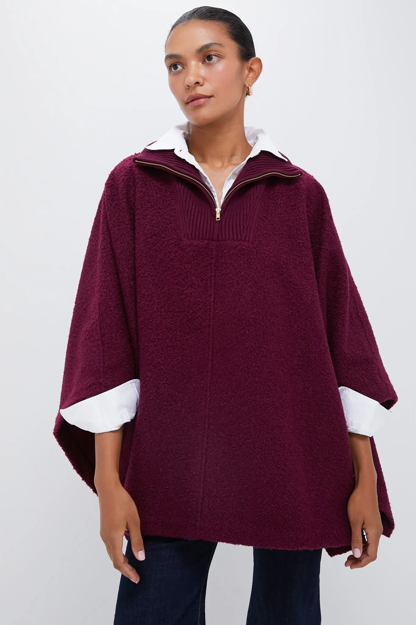 Oxblood Boucle High-Neck Poncho