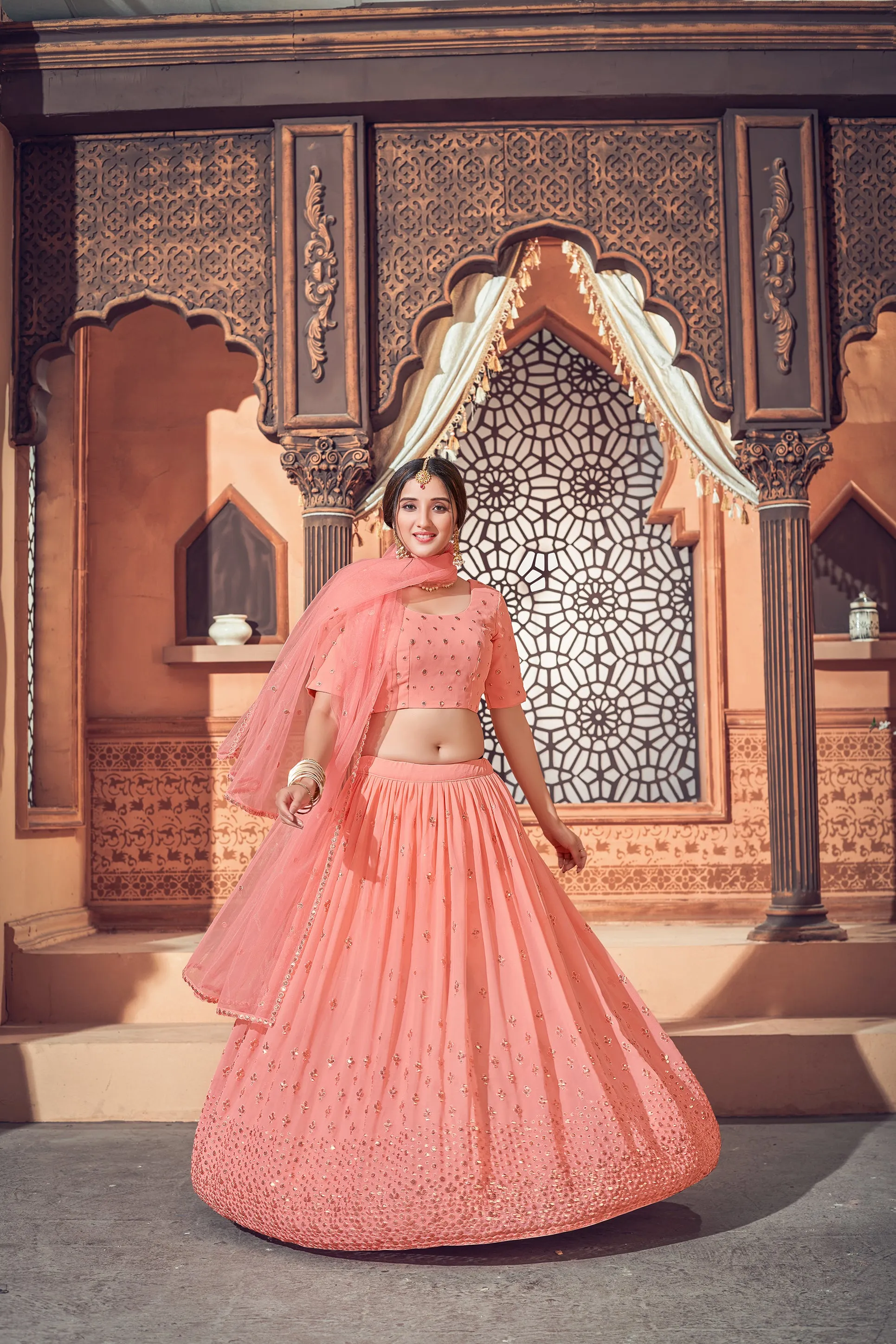 Peach Lehenga With Georgette Fabric And Thread With Sequince Embroidered Work And Heavy Can-Can Lehenga For Wedding And Party Wear For Women