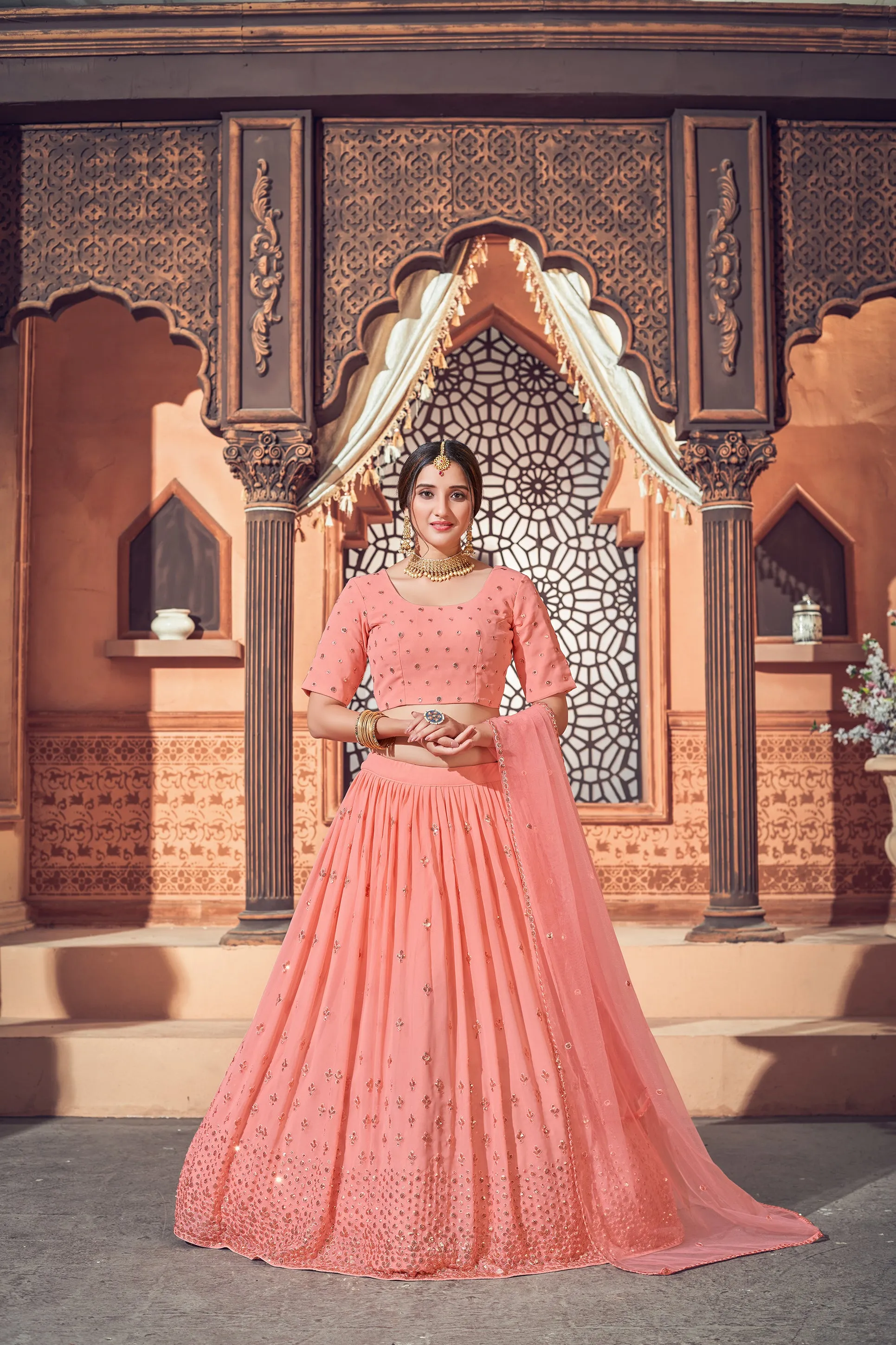 Peach Lehenga With Georgette Fabric And Thread With Sequince Embroidered Work And Heavy Can-Can Lehenga For Wedding And Party Wear For Women