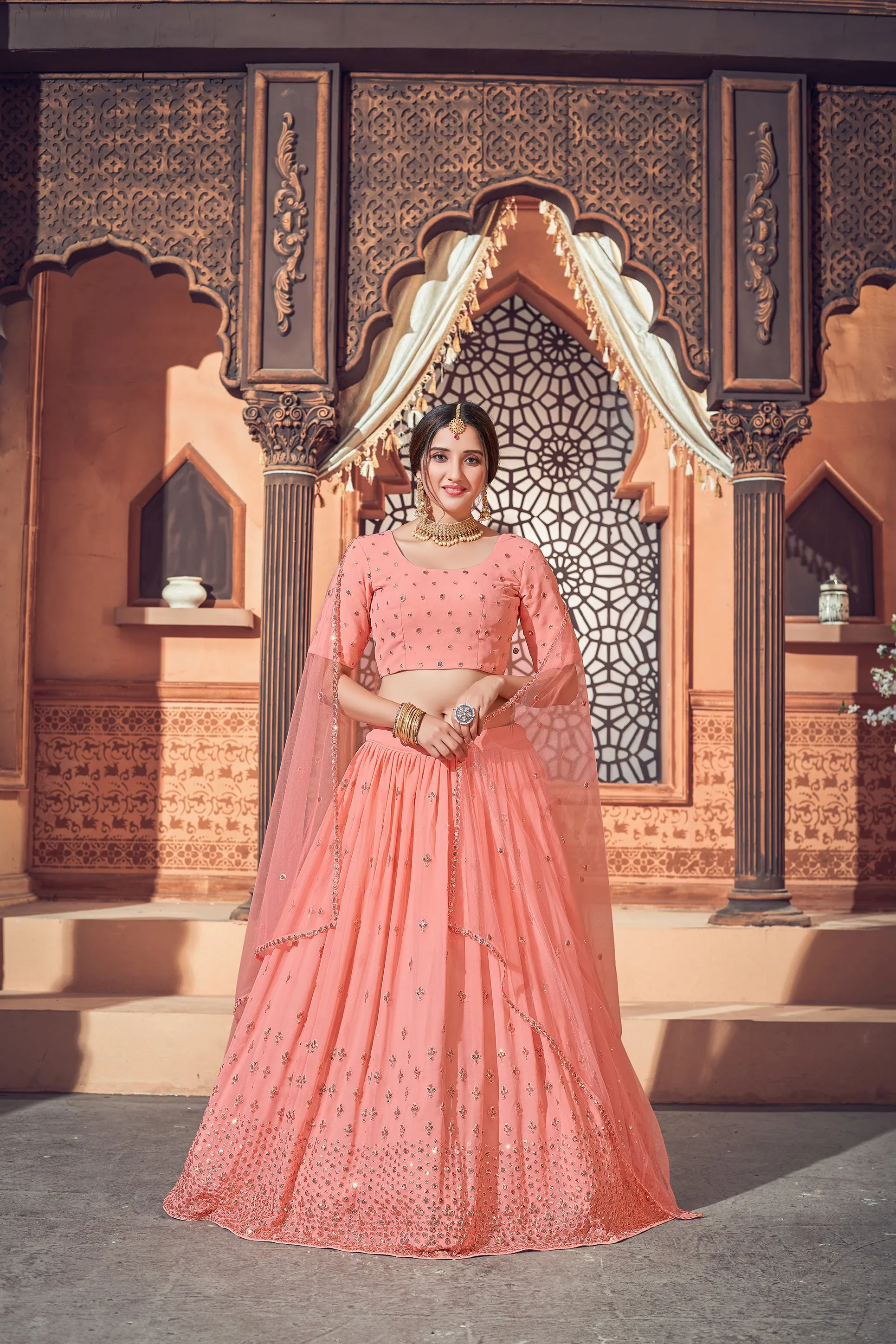 Peach Lehenga With Georgette Fabric And Thread With Sequince Embroidered Work And Heavy Can-Can Lehenga For Wedding And Party Wear For Women