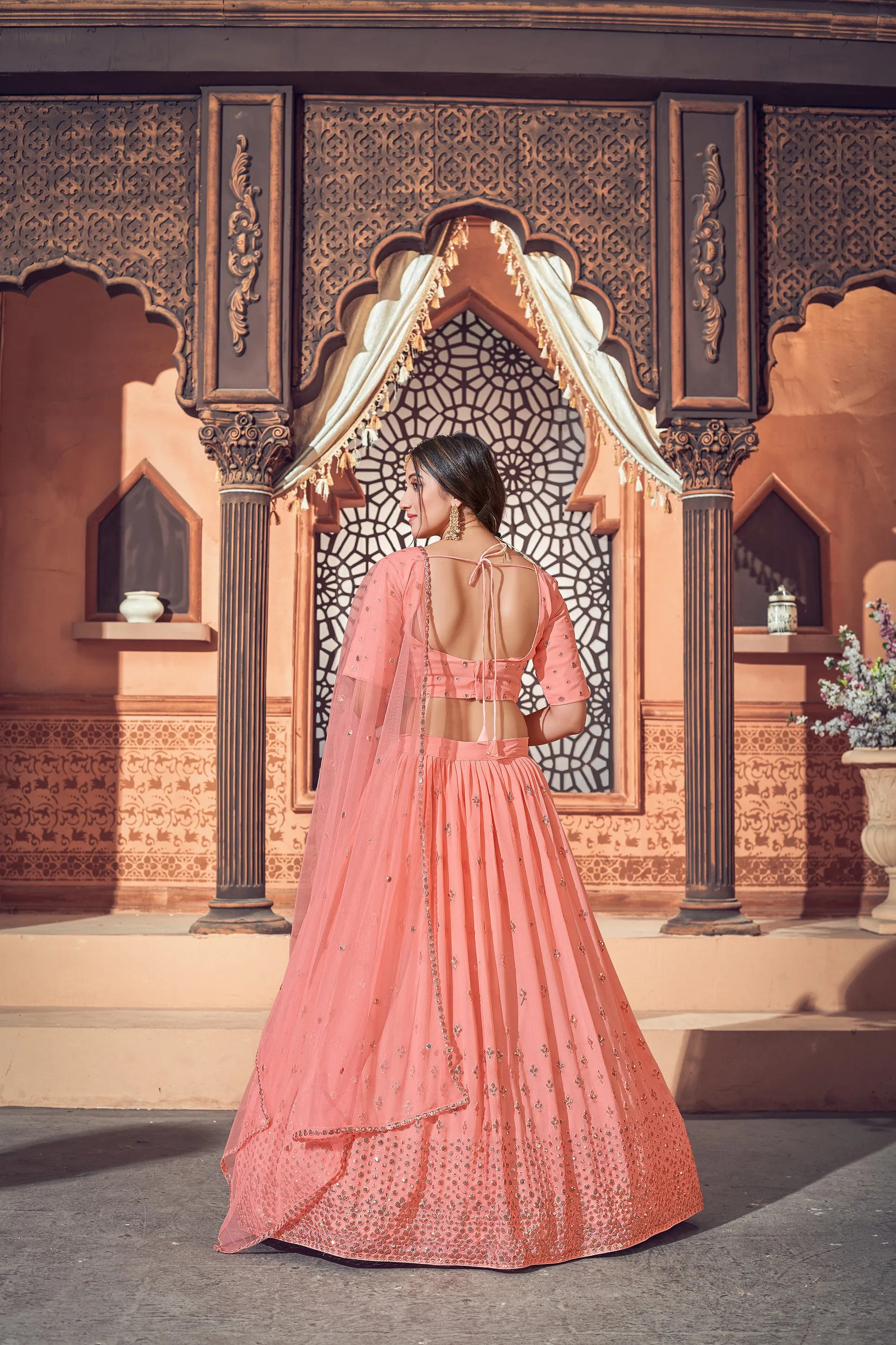 Peach Lehenga With Georgette Fabric And Thread With Sequince Embroidered Work And Heavy Can-Can Lehenga For Wedding And Party Wear For Women