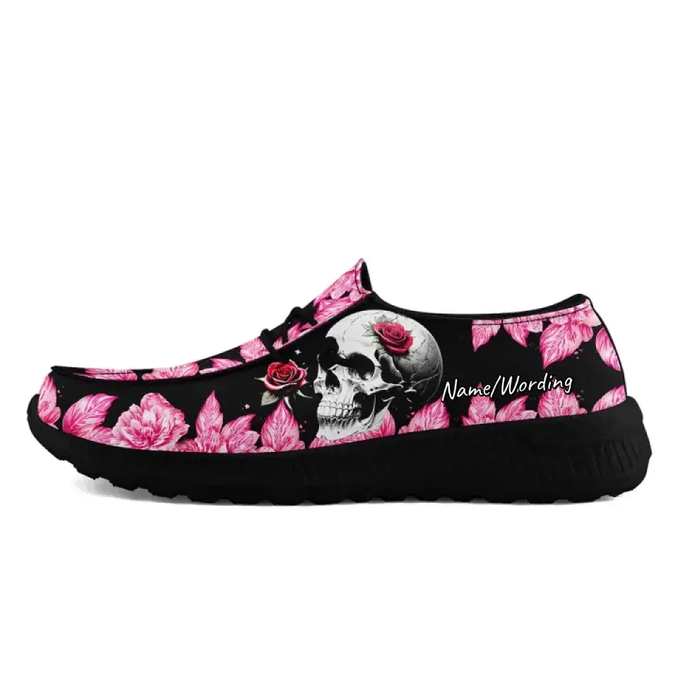 Personalized Skull and Flower Shoes, Custom Canvas Loafer Shoes, Comfy Walking Shoes