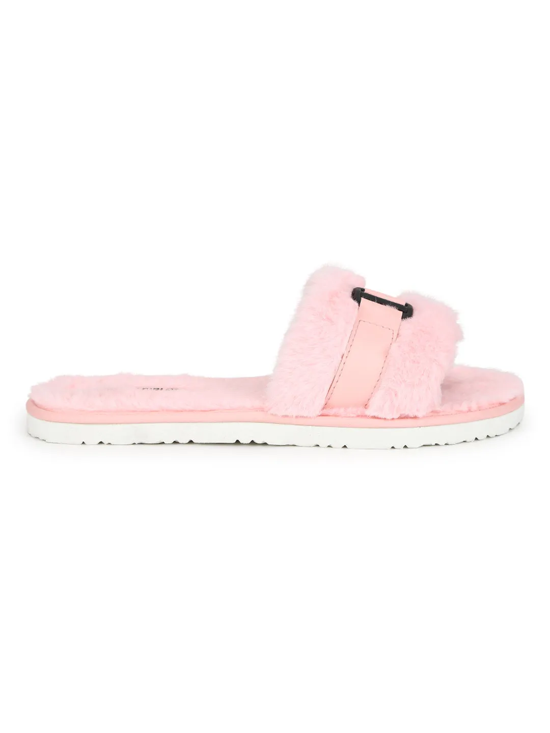 Pink Fuzzy Fur Slip Ons With Buckle (TC-ST-1167-PNK)