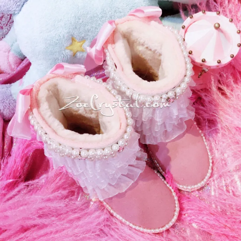 Pink Lace lace Sheepskin Fleech/Wool Boots with shinning and Cute Pearls - Princess Style