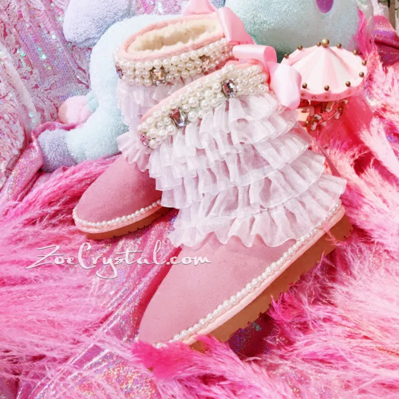 Pink Lace lace Sheepskin Fleech/Wool Boots with shinning and Cute Pearls - Princess Style