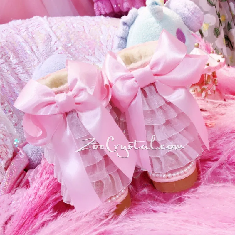 Pink Lace lace Sheepskin Fleech/Wool Boots with shinning and Cute Pearls - Princess Style