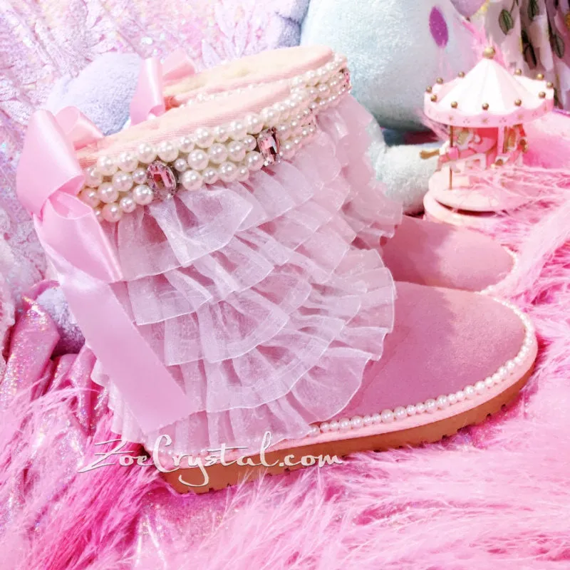 Pink Lace lace Sheepskin Fleech/Wool Boots with shinning and Cute Pearls - Princess Style