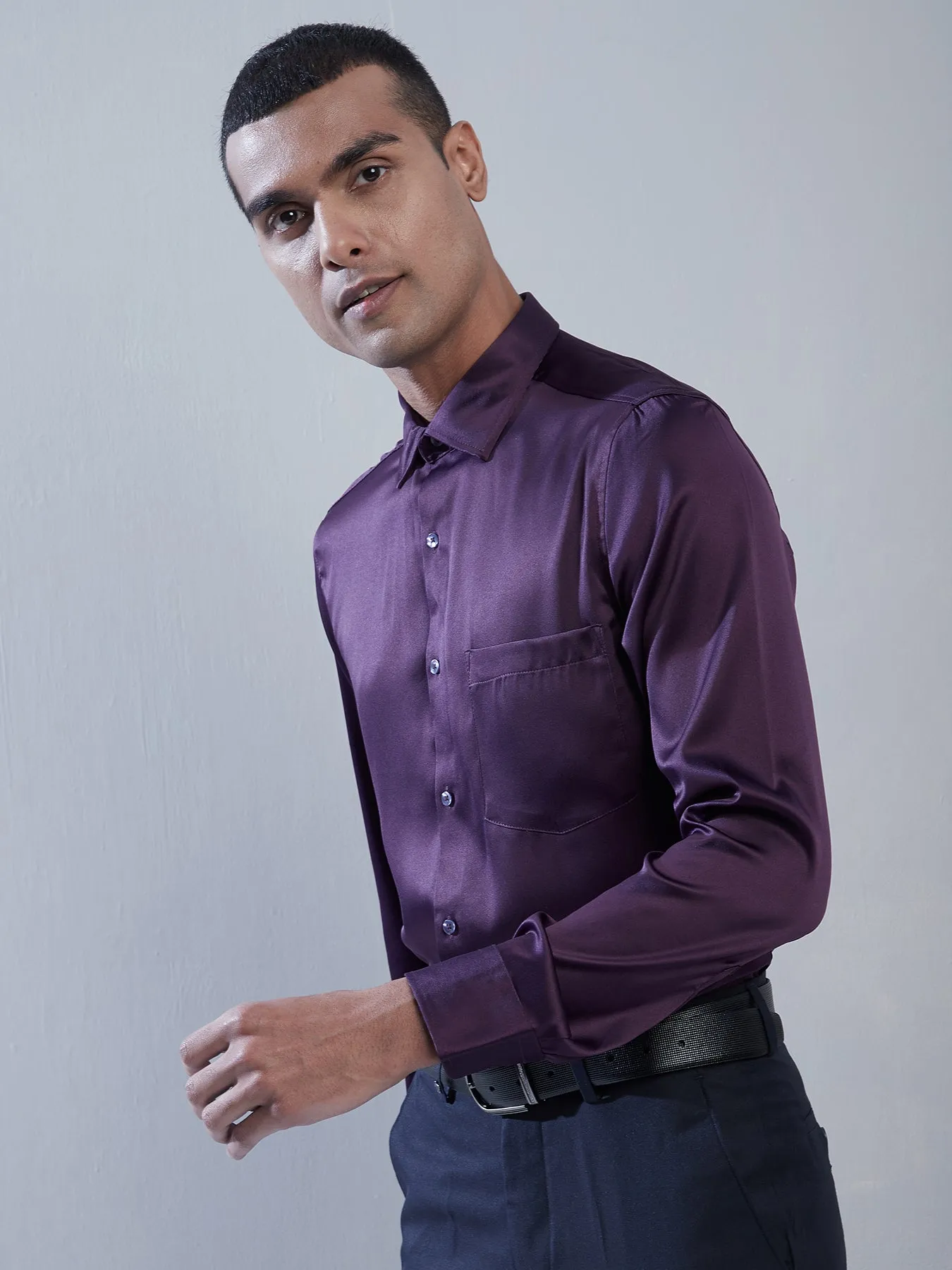 Poly Satin Purple Plain Slim Fit Full Sleeve Ceremonial Shirt