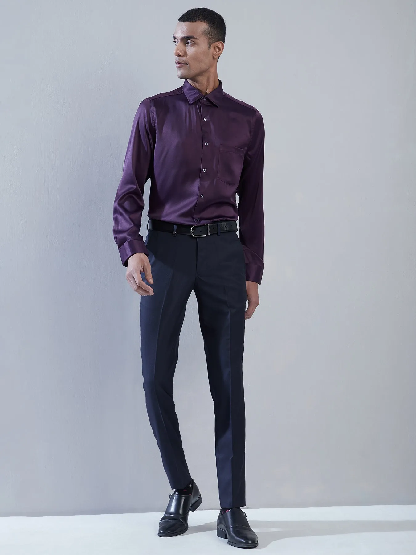 Poly Satin Purple Plain Slim Fit Full Sleeve Ceremonial Shirt