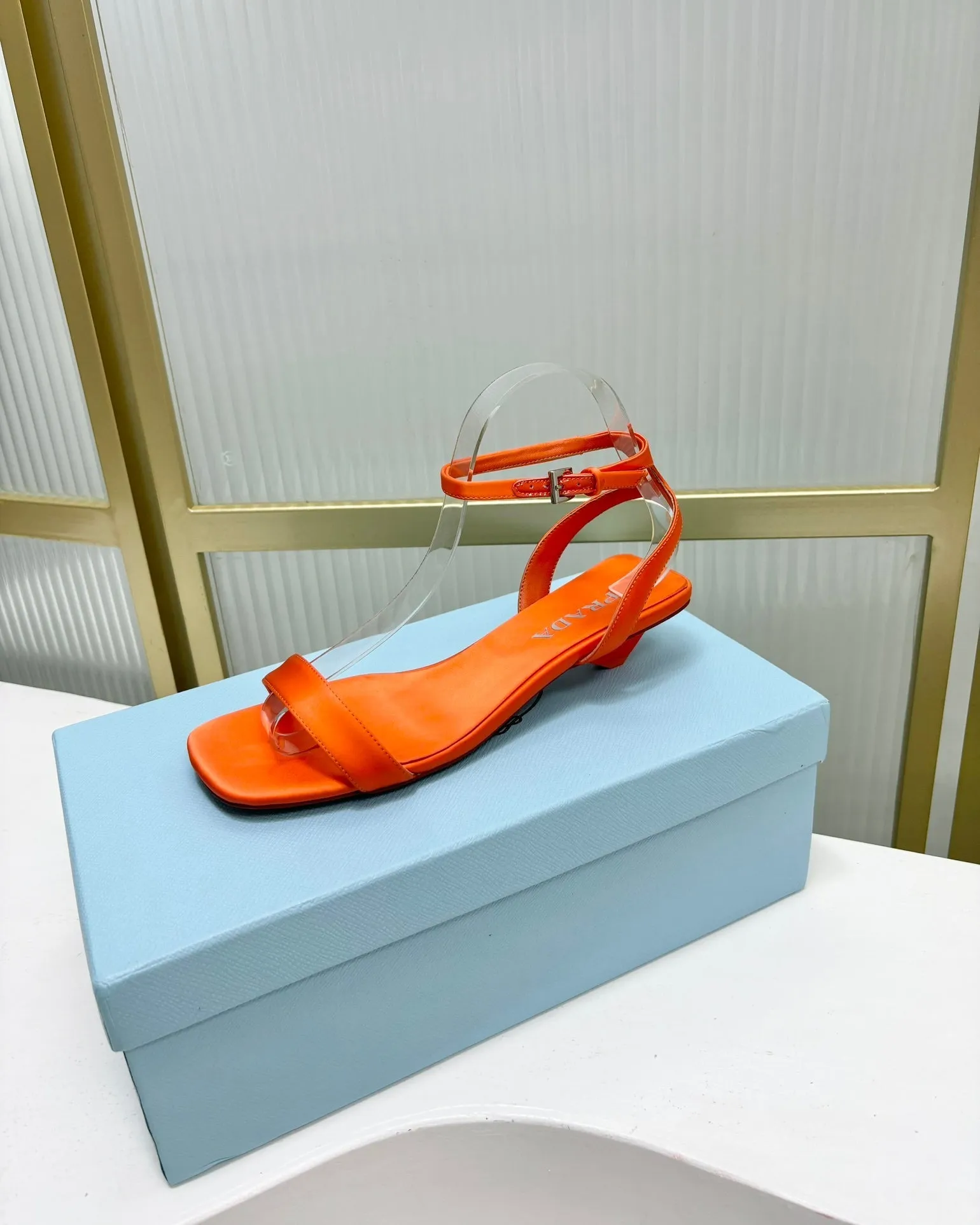 PRA TRIANGLE HEEL SATIN SANDALS BRIGHT ORANGE