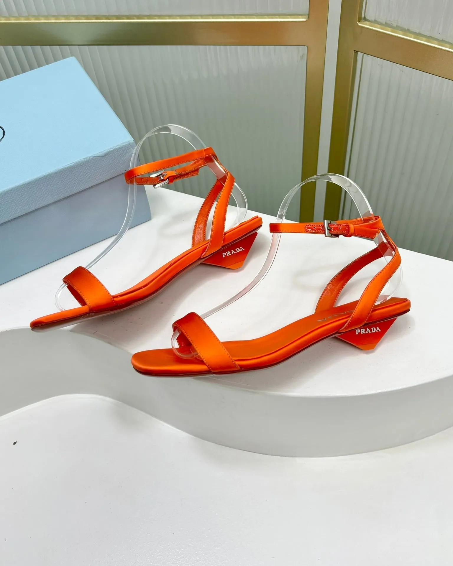 PRA TRIANGLE HEEL SATIN SANDALS BRIGHT ORANGE