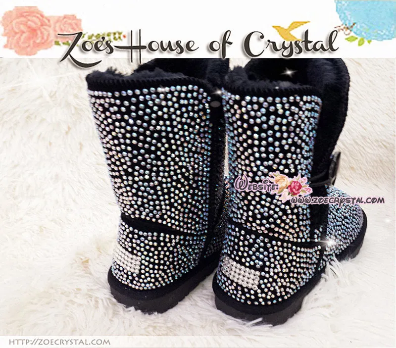 PROMOTION WINTER Bling and Sparkly Strass Black Bailey SheepSkin Wool BOOTS w shinning Crystals