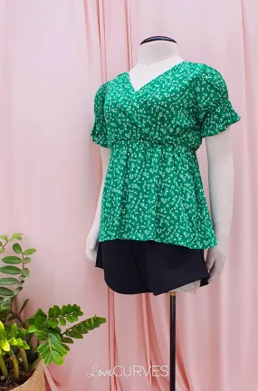 Puff Sleeves Wrap Top - Bright Green Field