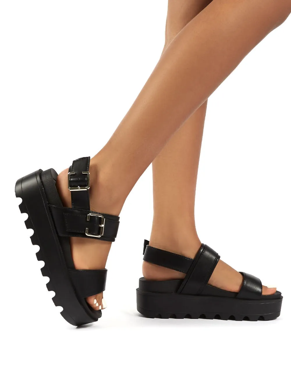 Razor Black PU Strappy Buckle Platform Sandals