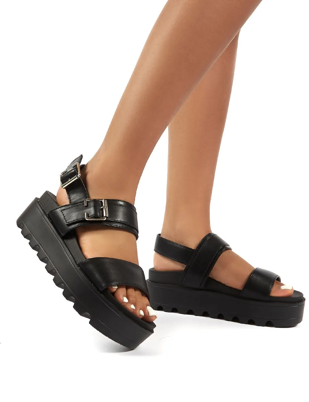 Razor Black PU Strappy Buckle Platform Sandals