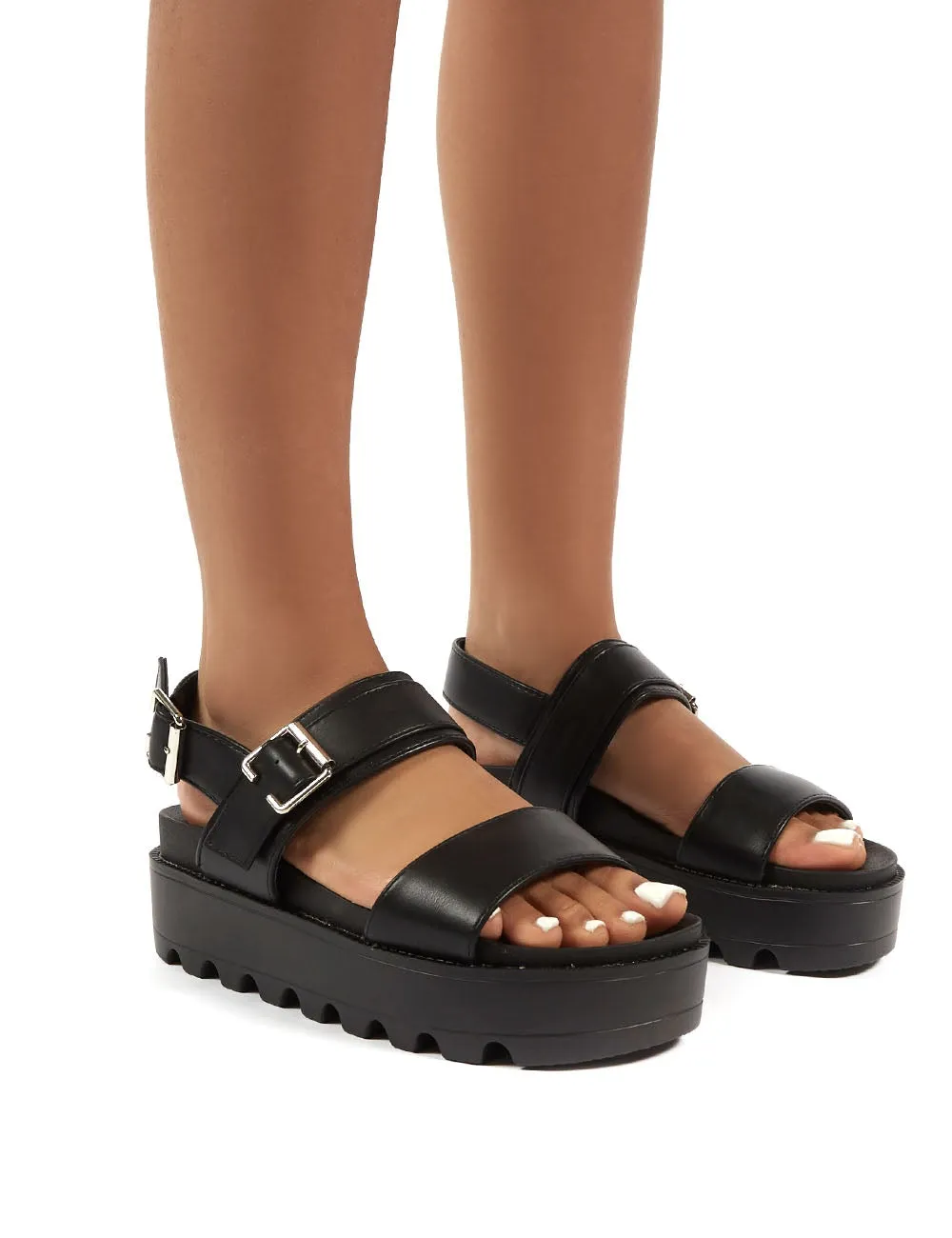 Razor Black PU Strappy Buckle Platform Sandals