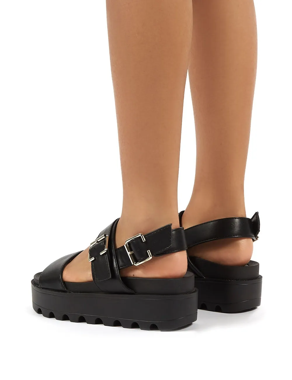 Razor Black PU Strappy Buckle Platform Sandals