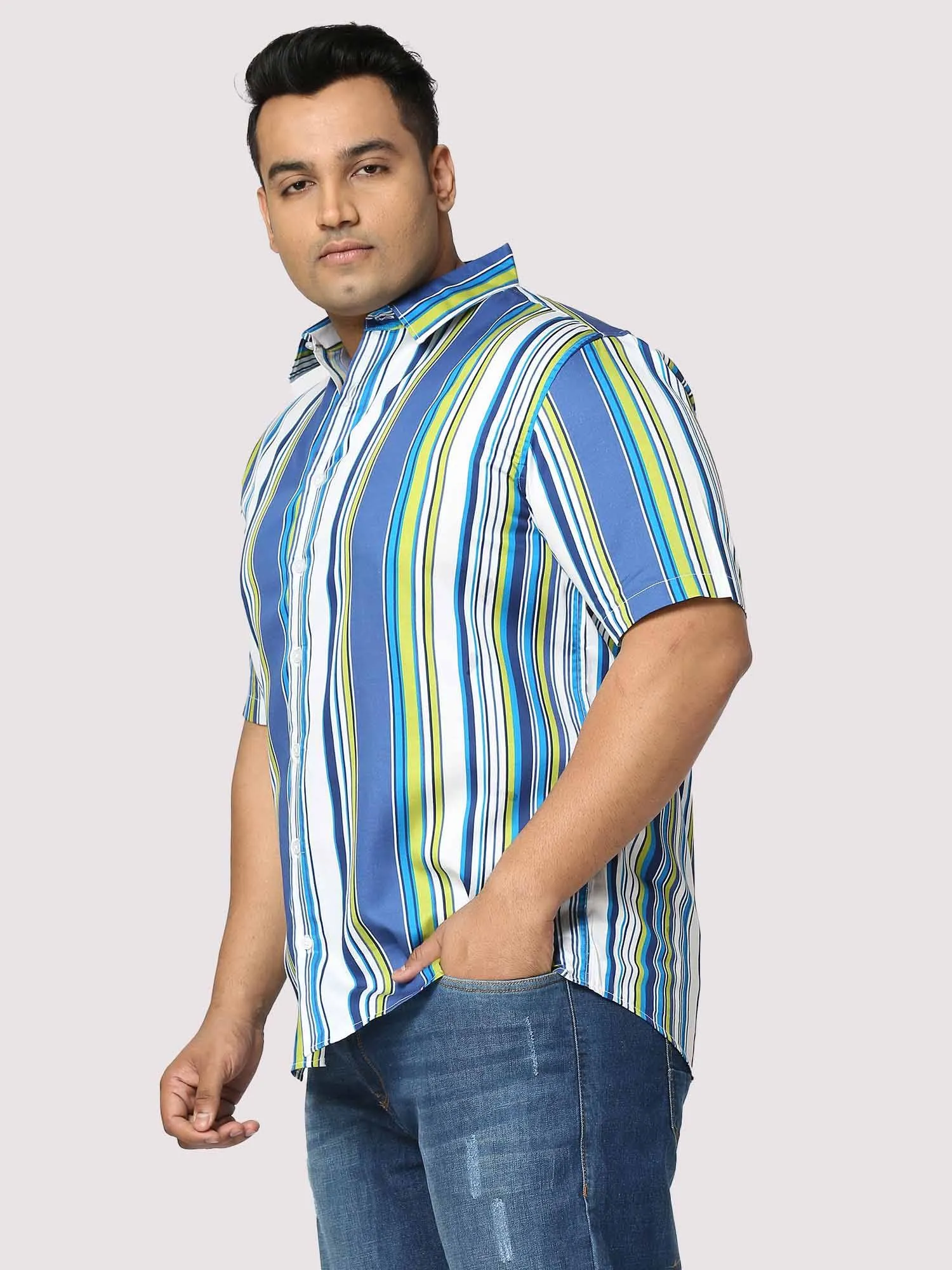 Relax Digital Printed Striped Half Shirt Men's Plus Size