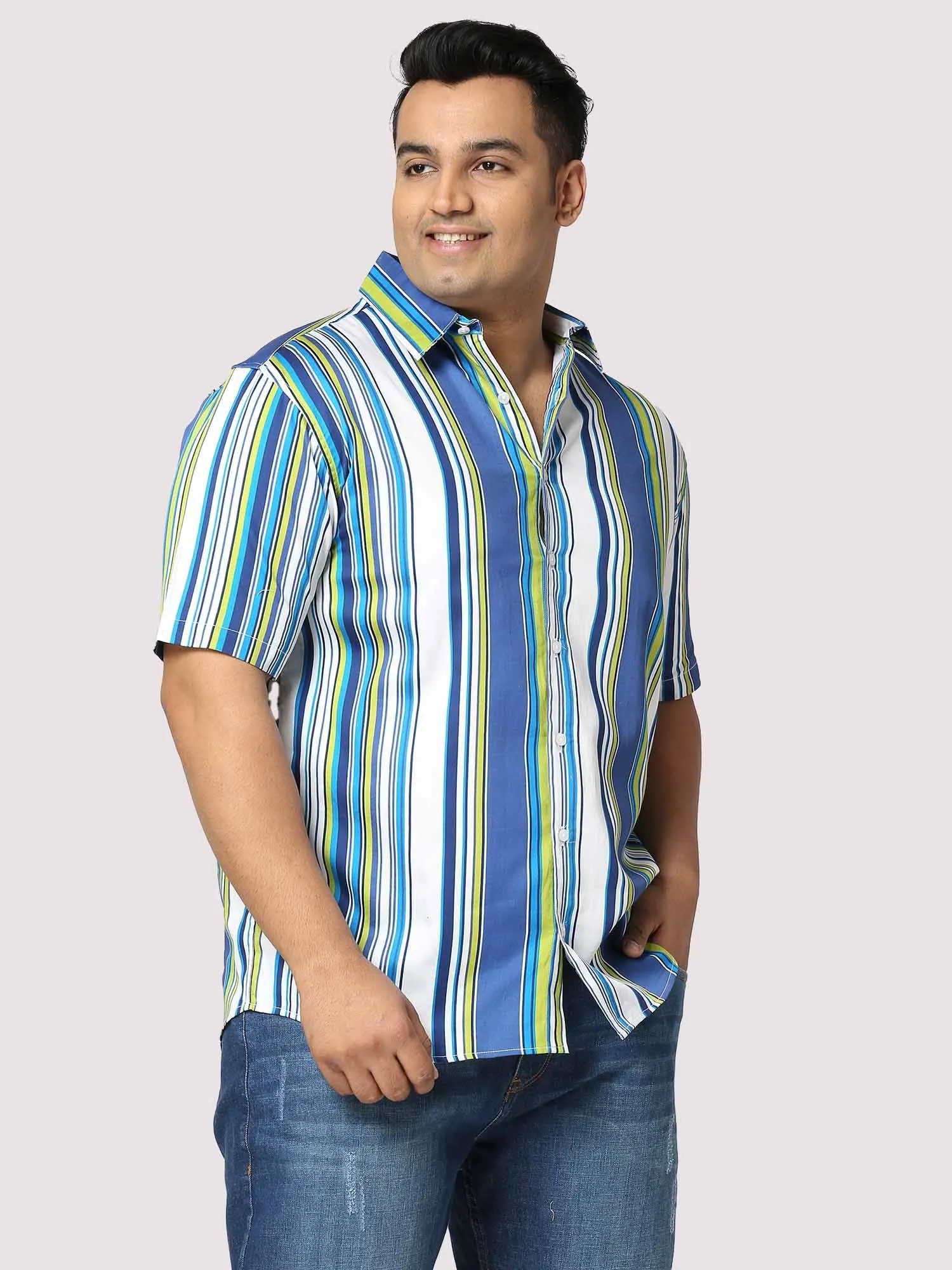 Relax Digital Printed Striped Half Shirt Men's Plus Size