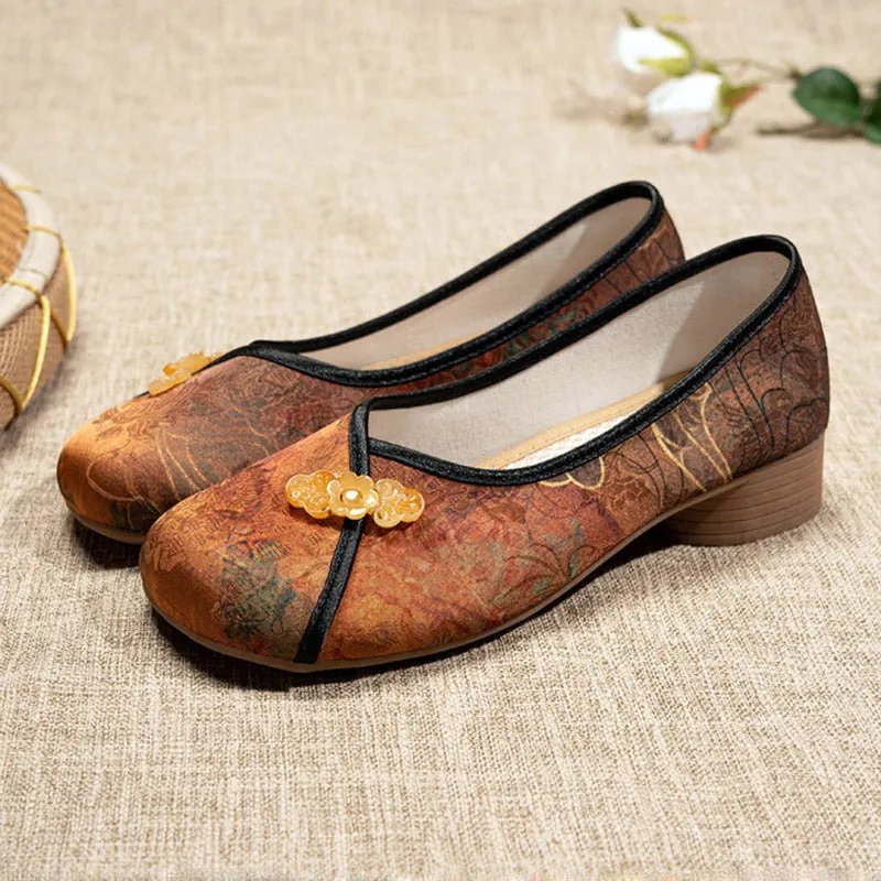 Retro Chinese Print Low Heel Loafers Casual Shoes for Women