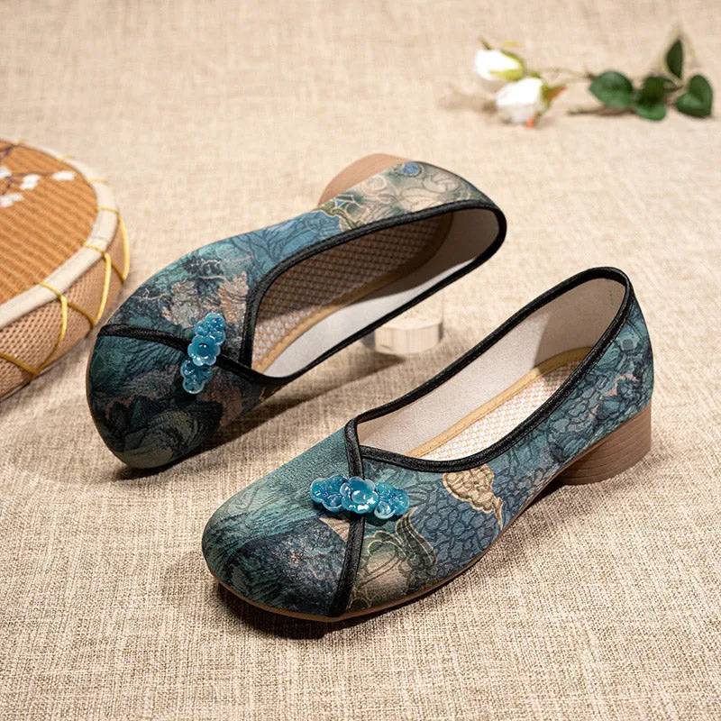 Retro Chinese Print Low Heel Loafers Casual Shoes for Women