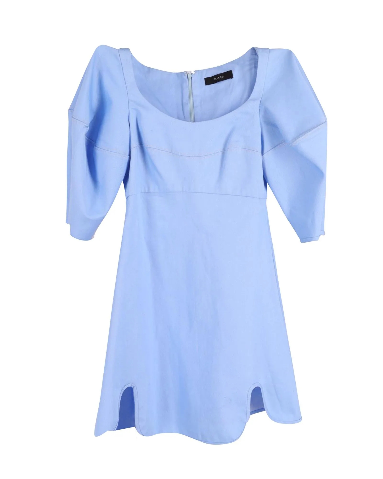 Sculptural Light Blue Cotton Dress with Asymmetric Hem and Sleeves