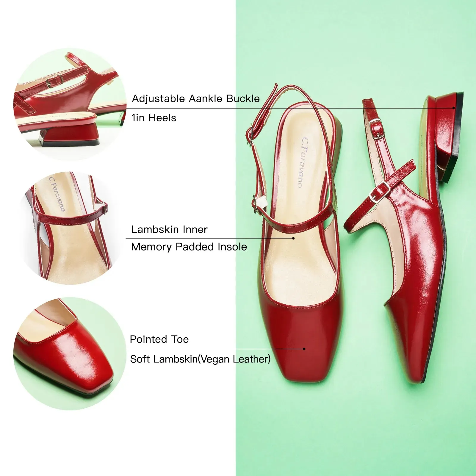 Square-Toe Sleek Slingback Flats (Felicia) Red