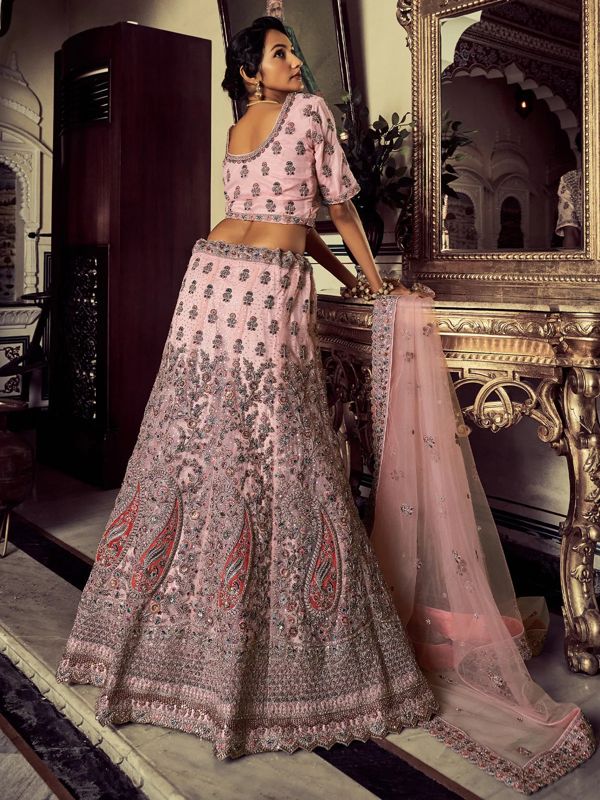 Stylish Pink Soft Net Embroidered Semi Stitched Lehenga With Unstitched Blouse