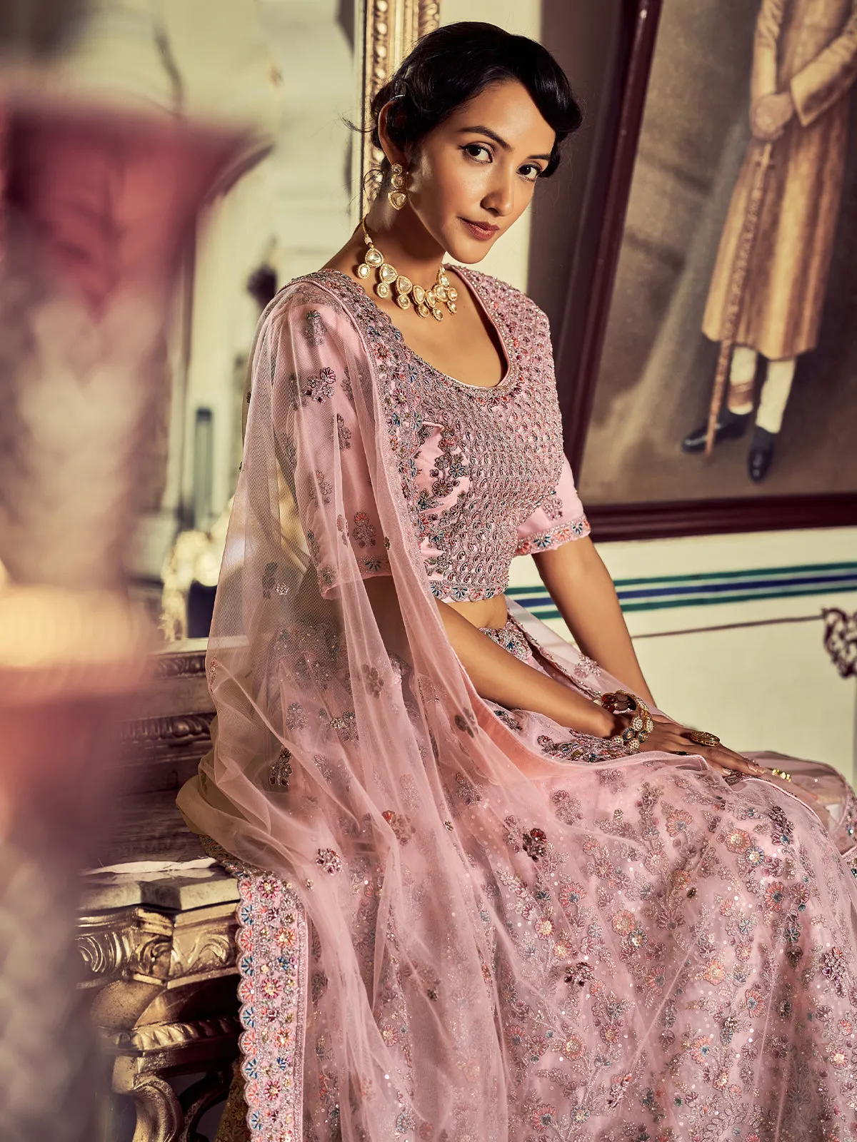 Stylish Pink Soft Net Embroidered Semi Stitched Lehenga With Unstitched Blouse