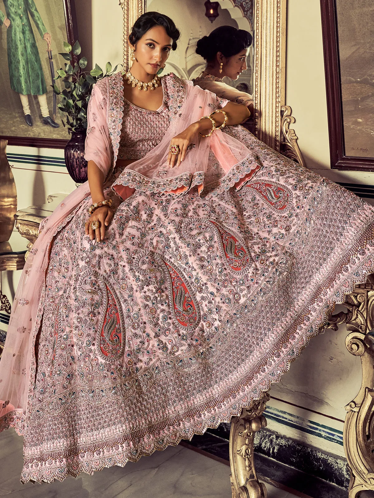 Stylish Pink Soft Net Embroidered Semi Stitched Lehenga With Unstitched Blouse