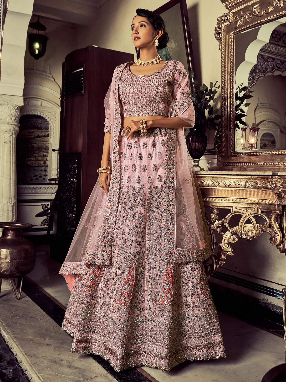 Stylish Pink Soft Net Embroidered Semi Stitched Lehenga With Unstitched Blouse