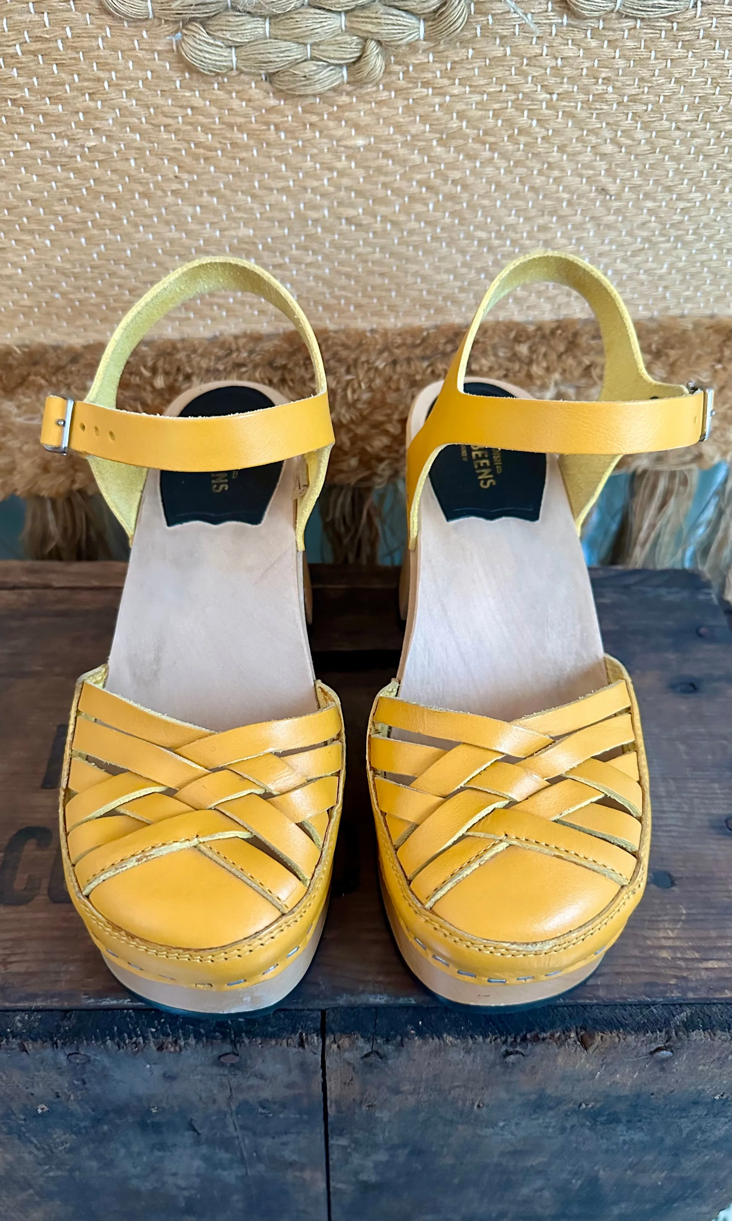 SWEDISH HASBEENS Yellow Wood Platforms • Women's Size 7