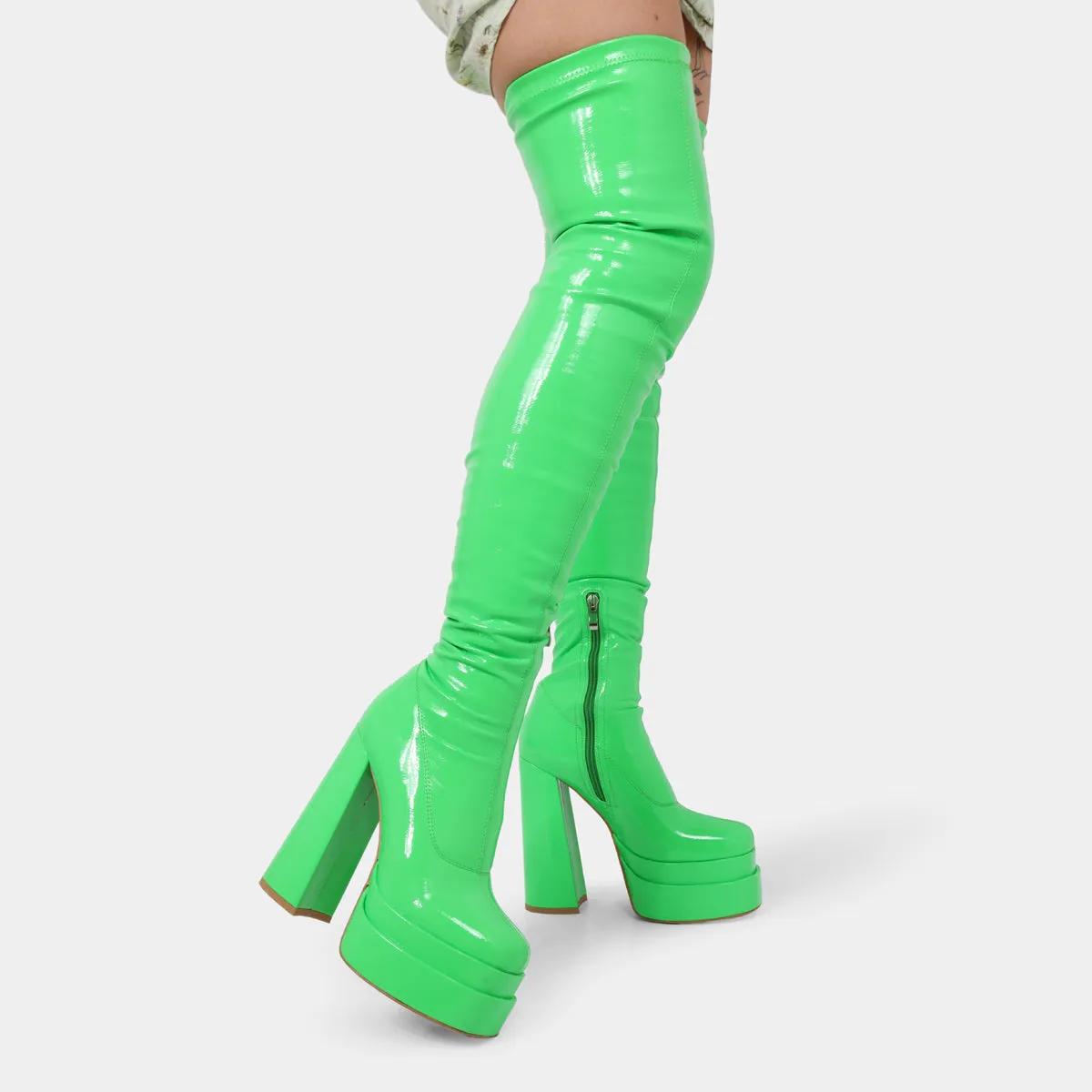 The Redemption Green Stretch Thigh High Boots